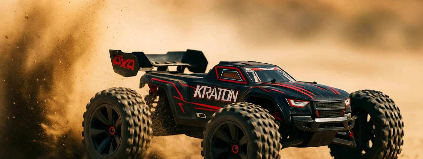 Kraton 4x4 RC truck kicking up dust while racing off-road